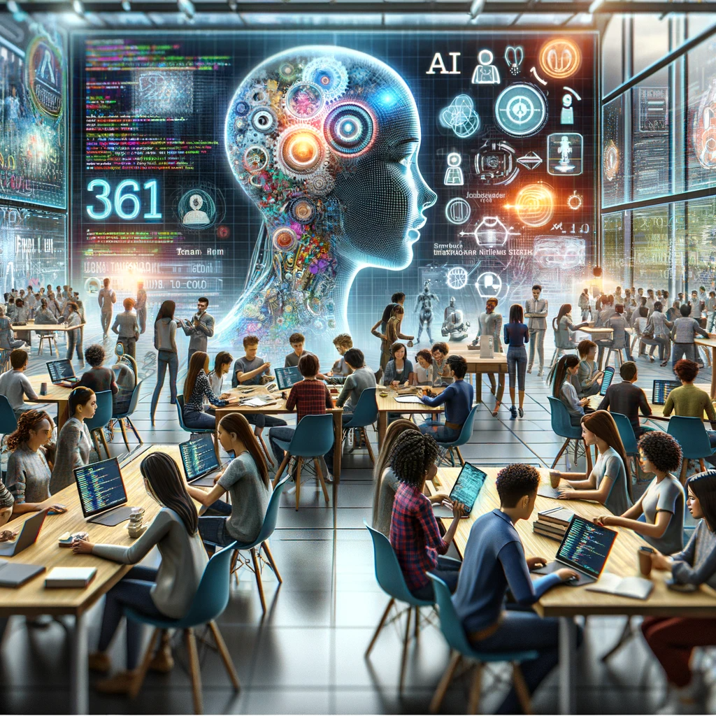 Questa illustrazione mostra un ambiente educativo futuristico con studenti diversi impegnati nell'apprendimento di competenze tecniche avanzate come l'intelligenza artificiale e l'analisi dei dati, nonché di abilità trasversali come il pensiero critico e il lavoro di squadra. L'ambientazione è una moderna aula tecnologicamente avanzata con lavagne digitali interattive, modelli di IA e studenti che collaborano a progetti. Gli studenti riflettono una varietà di etnie e sono impegnati in attività diverse, come la codifica, l'analisi dei dati e le discussioni di gruppo, incarnando la fusione dell'istruzione tecnica e interdisciplinare offerta dal progetto.